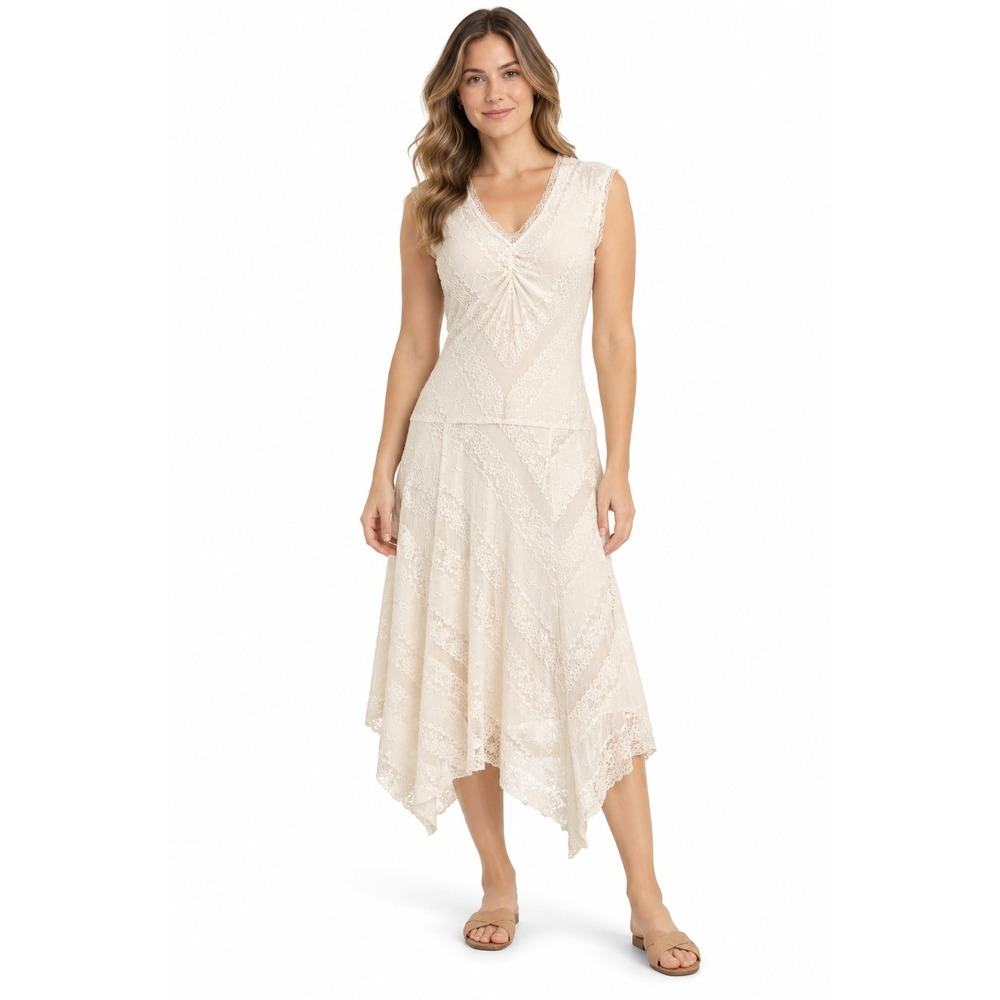 Rabbit Rabbit Rabbit Designs Lace V Neck Ruched Sleeveless Midi Dress Size 10